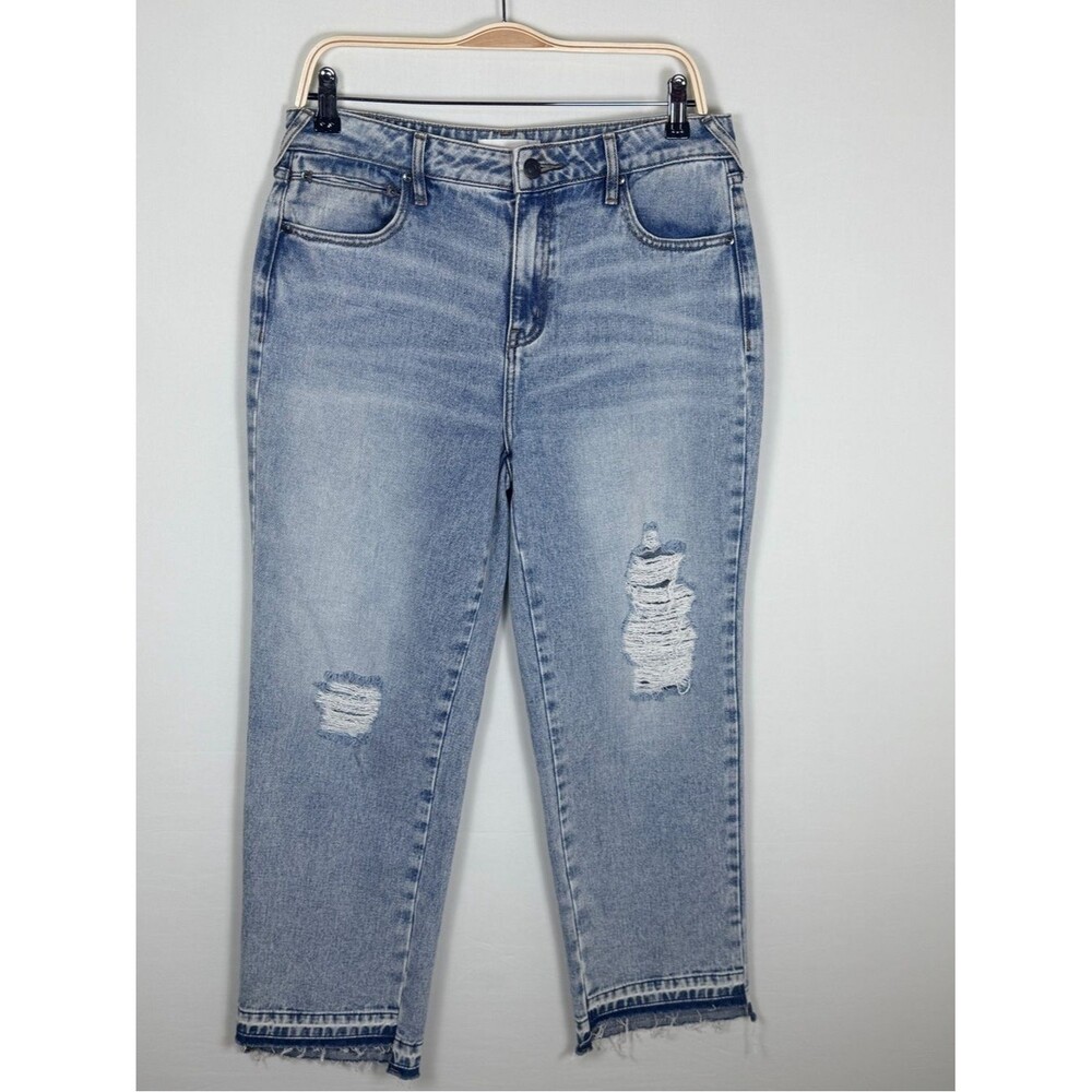 Cleo + Wolf High Rise Straight Leg Jeans Distressed Raw Hem Light Wash W29 L27